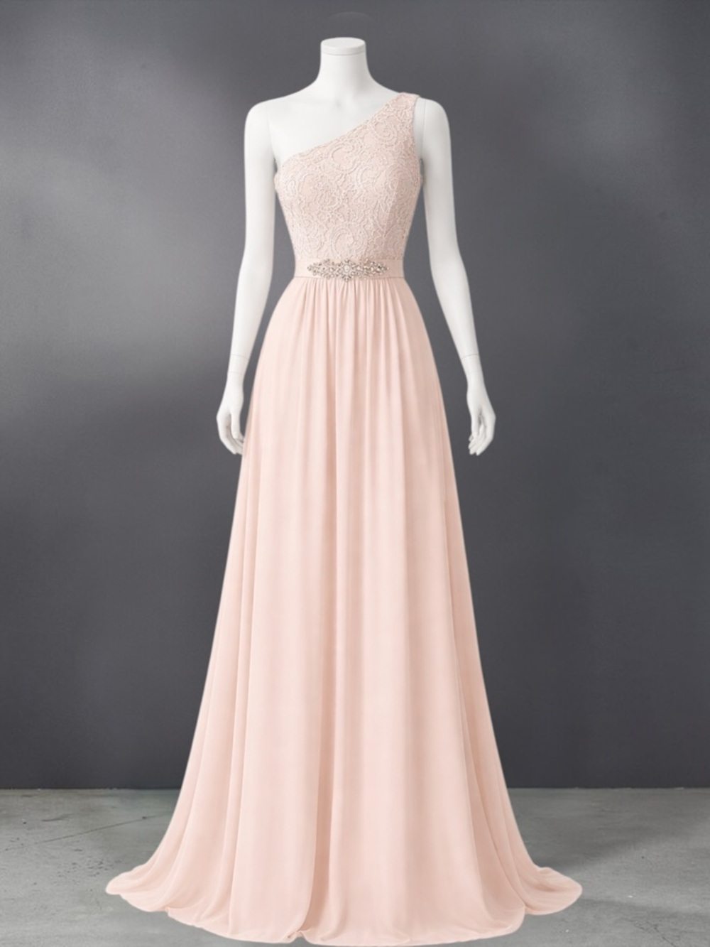 Adrianna Papell Blush Lace Crystal Embellished One-Shoulder Formal Gown - Picture 4 of 12